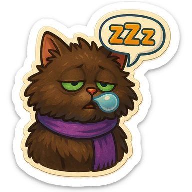 Fluffy cute sleepy dopey tired exhausted dark-brown cat with green eyes and a purple scarf saying ‘zZz’ with a snoring nose bubble (with a speech bubble) sticker