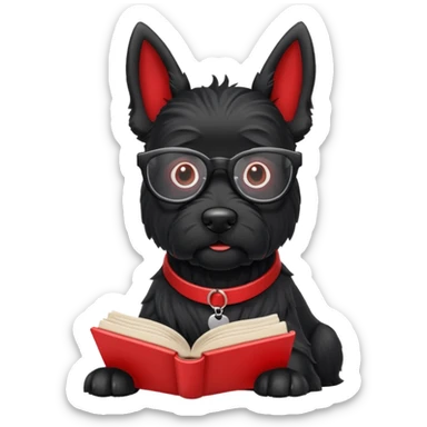 Black Scottie dog with reading glasses reading a red book  sticker