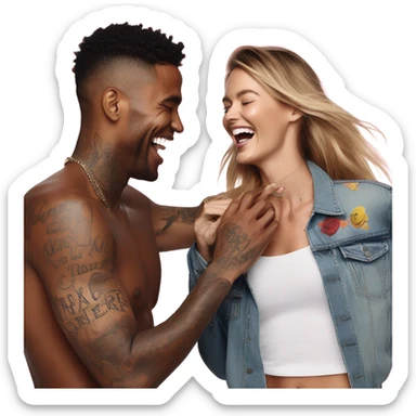 Photo of Victoria secret model laughing with a tattooed male model  sticker