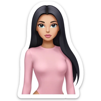 Glamours, tanned, very beautiful girl, with big pump peach-beige-rose lips, long long lashes, black straight smooth silky long hair, straight parting hair, blue-grey eyes in light pink long-sleeves bodysuit sticker