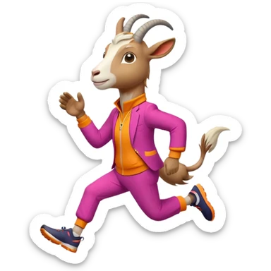 friendly anthropomorphised goat jogging upright in a colourful suit, relaxed pose sticker