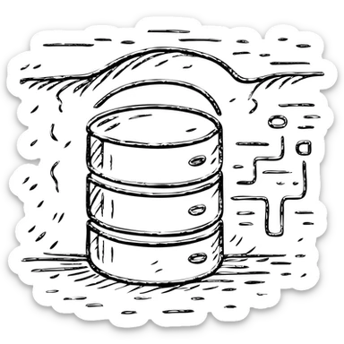 hand drawn outlined icon of stacked database cylinders in a basement or underground setting with abstract data streams, worn and distressed effect, detailed icon sticker