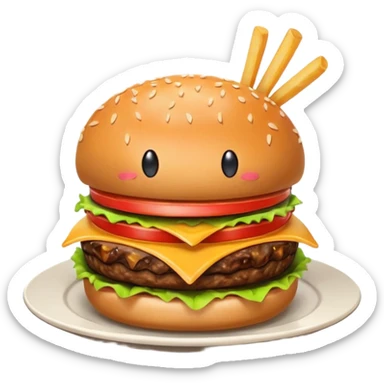 Burger on a plate with fries. The burger is smiling and there is drool coming out of its mouth. The burger looks euphoric and delicious.  sticker