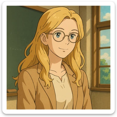 profesora rubia de pelo largo, piel clara, estilo ghibli, con gafas sticker