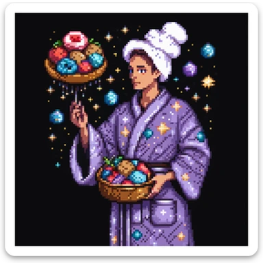Portrait of a surreal baker floating among stars, wearing a galaxy-patterned robe, holding stardust ingredients, skeuomorphism style sticker