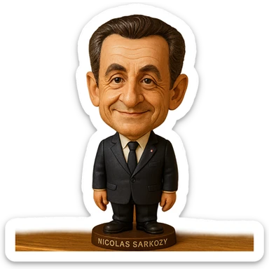 bobblehead style figure of Nicolas Sarkozy, French politician, suit and tie, oversized head, friendly expression sticker