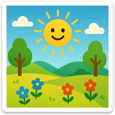 sunny landscape scene, bright and cheerful, colorful, simple shapes, emoji style inspiration sticker