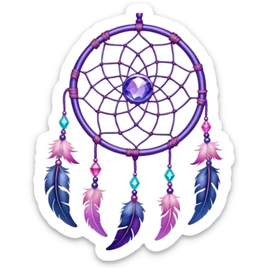 Iridescent shiny transparent pastel purple-pink-indigo-violet crescent-moon-Dreamcatcher hanging from a thread, with gemstones, and beads sticker
