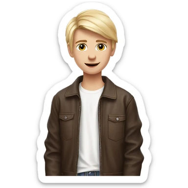 A 17-year-old boy of Scandinavian-Slavic appearance, with shoulder-length blond hair (pink hair at the tips), wearing a white T-shirt and a brown leather jacket shows a heart with his fingers sticker