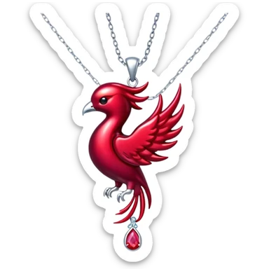 phoenix-inspired ruby pendant with cosmic aura, deep red glow, silver chain undulating like water sticker