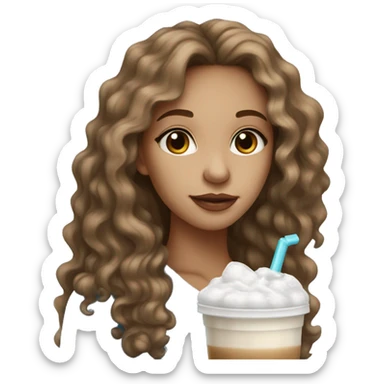 Light skin girl with brown wavy hair and blue eyes drinking ice latte  sticker