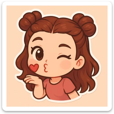 Create a chibi sticker of the girl from the reference image. She is blowing a kiss and winking, playful and sweet, with her signature double bun hairstyle. sticker