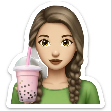 Slavic beautiful girls with brown hair with green eyes and medium hair holding  bubble tea  sticker