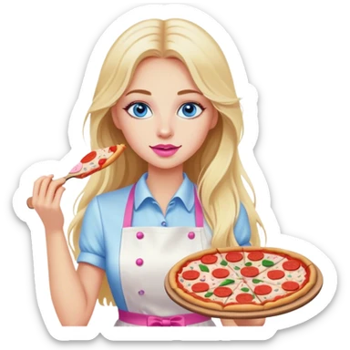 Cinematic realistic beautiful blonde with long hair, blue eyes and pink lips in a white dress cooks pizza sticker
