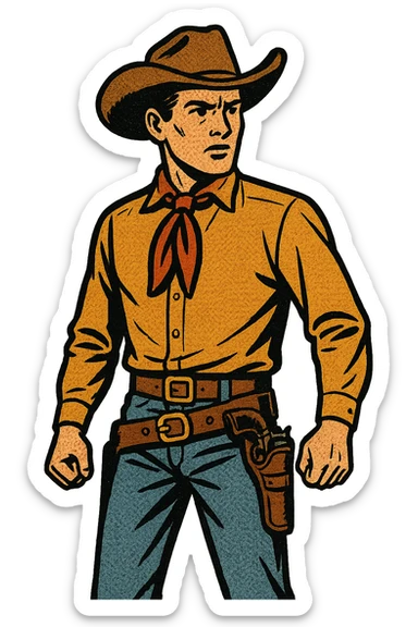 The full body of a young American West cowboy from the 1870s wearing a neck tie, cowboy hat and gun holster sticker
