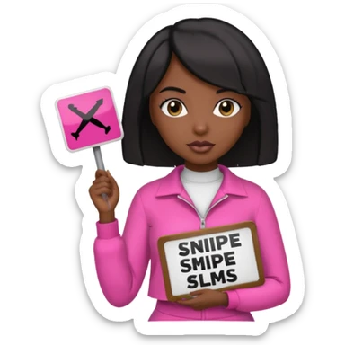 Dark skin woman with black bob in hair holding sign that says snipe  wearing pink outfit  sticker