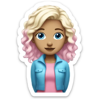 girl with half blonde and half blue hair, blue eyes, fair skin, cute pink clothes sticker