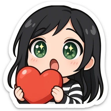 Twitch emote of a girl with black hair and green eyes, surprised expression, in a shiny, detailed chibi style with large eyes, sparkles, soft shading, and a cute surprise, matching the reference style. sticker