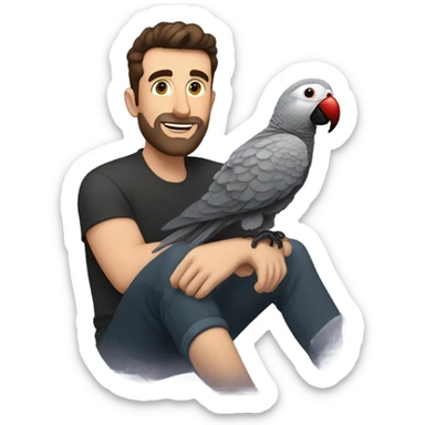 White Man with dark brown pompadour hair and dark brown short beard riding on top of a giant african grey bird sticker