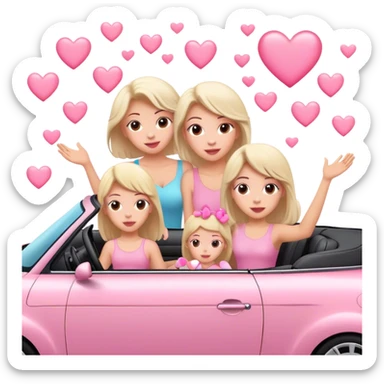 A mom, two daughters, and one son driving in pink convertible with hearts blowing behind sticker