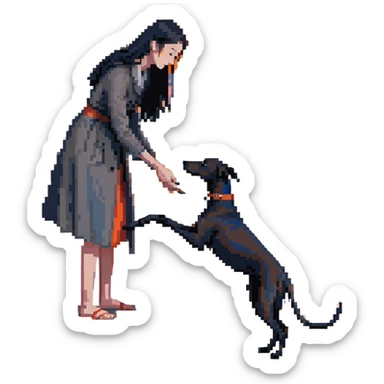 A very beautiful and attractive 25-year-old Japanese woman with long flowing black hair gently petting a SOLID DARK GREY whippet on a beach during a beautiful sunset. The woman's hand is lovingly stroking the whippet. The whippet MUST be COMPLETELY SOLID DARK GREY with ABSOLUTELY NO WHITE MARKINGS ANYWHERE - no white chest, no white face, no white paws, no white tip on tail - ENTIRELY ONE SOLID DARK GREY COLOR throughout the entire dog. Orange and red sunset sky over the ocean, sandy beach in the foreground. sticker