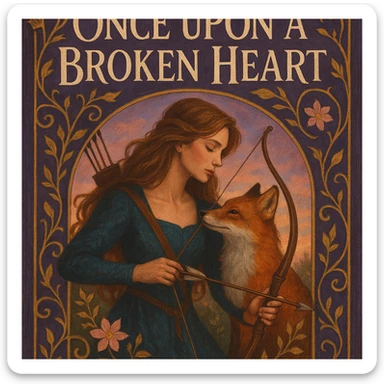 archer and fox together, storybook cover art, romantic fantasy, inspired by 'Once Upon a Broken Heart' sticker