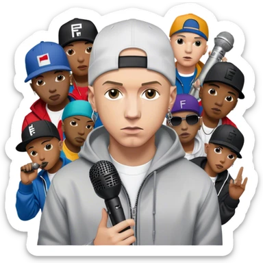Icon for Hip-Hop Music: Eminem with his signature microphone, surrounded by other hip-hop icons. The design should reflect the raw energy of the genre with urban elements, graffiti, and vibrant colors. Transparent background. sticker