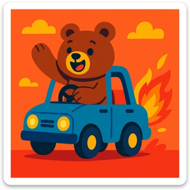 a cute brown bear in a small blue car with fire coming out, playful style, vibrant colors sticker