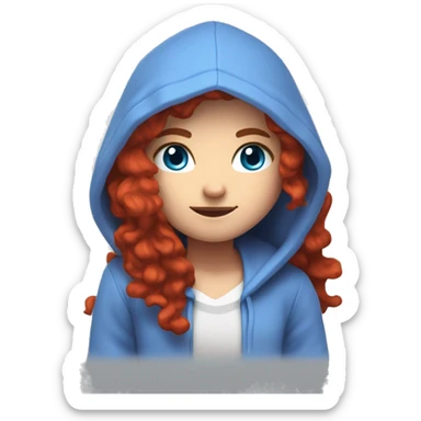 a white girl with long red curly hair, wearing periwinkle Minecraft hoodie playing a videogame sticker