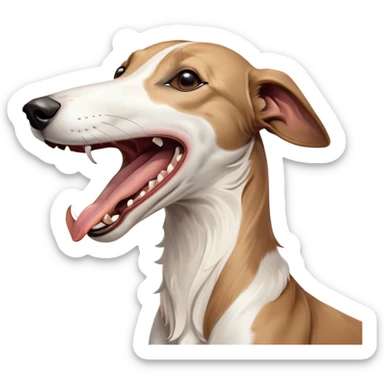 Cinematic Cute Yawning White and Brown Greyhound Portrait Emoji, Head tilted slightly with a dramatic, wide-open yawn, showcasing a pristine white Fur with bold brown markings, floppy ears slightly drooping, round eyes barely open in drowsy contentment, Simplified yet irresistibly adorable features, highly detailed, glowing with a soft, cozy glow, high shine, relaxed yet expressive, stylized with a touch of whimsy, bright and endearing, soft glowing outline, capturing the essence of a sleepy yet affectionate companion, so drowsy it feels like it could stretch out of the screen and curl up for a nap! sticker