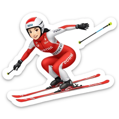 Ski racer downhill squat woman red white dress Austria lettering black hair smile sticker