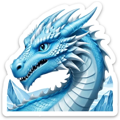 Cinematic Noble wise elegant Ice Dragon Portrait Emoji, Poised and imposing, distinct long elegant snout, with a slender, scaled body shimmering in glacial hues of icy blue, frostbitten silver, and crystalline white, breathing out frost, with piercing, glowing ice blue white eyes that radiate the chilling depths of an arctic storm; rendered in detail. excuding wisdom sticker