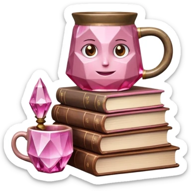 stack of books with a pink crystal and brown moon mug. sticker