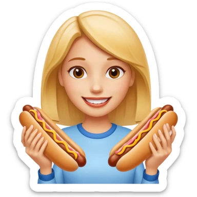 A girl holding two hot dogs, smiling proudly before eating.






















 sticker