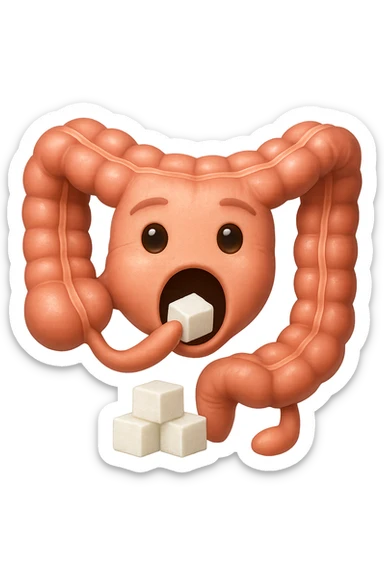 emoji stile iphone di un intestino anatomico che mangia zollette di zucchero, iperrealistico 4k, isolato su sfondo bianco sticker