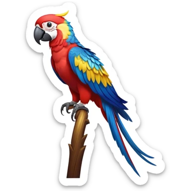 cinematic-macaw-realistic-full-body-standing-emoji,-vibrant-feathers-glowing-with-rich-reds,-blues,-and-yellows,-head-tilted-dramatically,-curved white-beak-gleaming,-piercing-dark-eyes-exuding-confidence,-simplified-yet-realistic-focused sticker