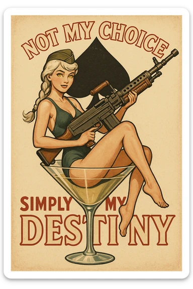 a retro military pinup " not my choice, simply my destiny "
; female figure young,gorgeous, white hair 1 braid, gold yellow eyes, sitting in a martini glass with a massive LMG in a swimsuit in front of a 'spade' sticker