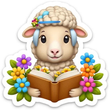 beige sheep reading books + flowers sticker