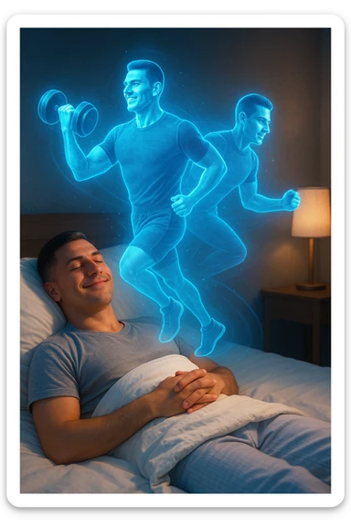 "Un uomo rilassato sdraiato a letto (in pigiama o biancheria intima), con gli occhi chiusi e un sorriso soddisfatto. Dal suo corpo si stacca un doppio olografico luminoso (il suo 'sé visualizzato') che invece sta facendo esercizio fisico con energia: solleva pesi, corre su un tapis roulant invisibile o fa flessioni a mezz'aria. sticker