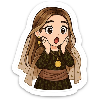 Kurdish cartoon sticker of the same woman in the new dress, surprised or shocked with hands on cheeks, mouth open, no text, transparent background, chibi stickers style. sticker