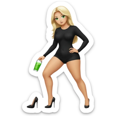 Blonde, green eyed woman with long  hair. She is curvy with a big butt and small breast. She is in sexy black clothes nude and full body exposed. She has nice long legs. She is doing sexy pose sticker