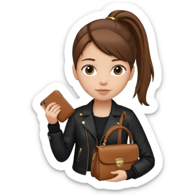 A girl with a pony tail brown hair and white ish skin with a black jacket and a brown purse sticker