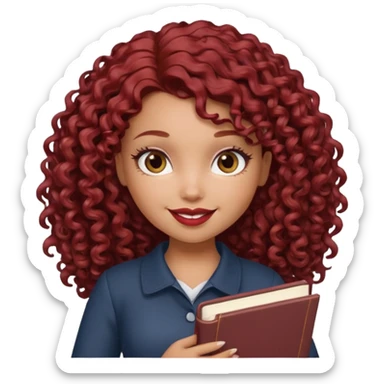 generate a pretty bratz girl curly dark red hair, brown lipstick on, smiling. Book in hand sticker