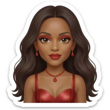 Kelly Rowland with dark brown eyes, red eyeshadow and lipstick, long dark brown hair, red metallic sweetheart dress, red necklace and earrings sticker