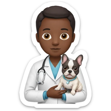 hombre médico que tenga un estetoscopio de color de tez negra que sostiene un bulldog francés blanco sticker