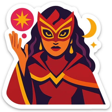 Transform this person into a dramatic magical figure emoji with a stylized mask, red and gold accents, and mystical symbols. Vibrant colors sticker