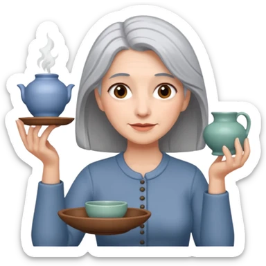 Woman with grey hair with ceramics sticker