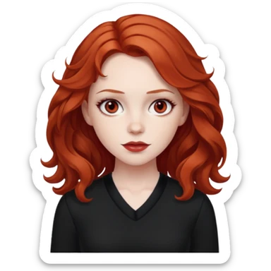 Sarah Blane from Summer of Fear with medium red wavy hair, white and red eyes, black outfit sticker