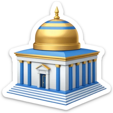  cubic temple with blue horizontal stipes on the side and a golden dome on top. The temple has no pillars and the dome has now spiral on top sticker