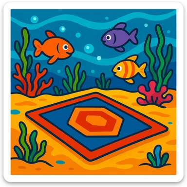 carpet on the sea floor, with bright underwater colors and cartoon fish, vibrant toon style sticker